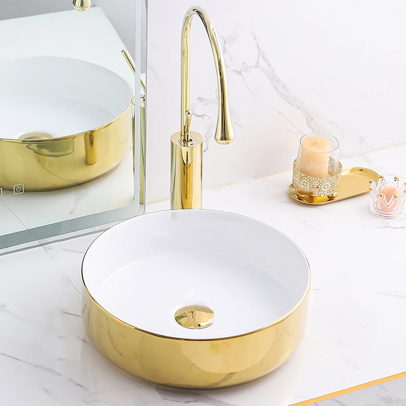 Gold Bathroom Sink Faucet Contemporary Vitreous China Vessel Sink with Pop-Up Drain