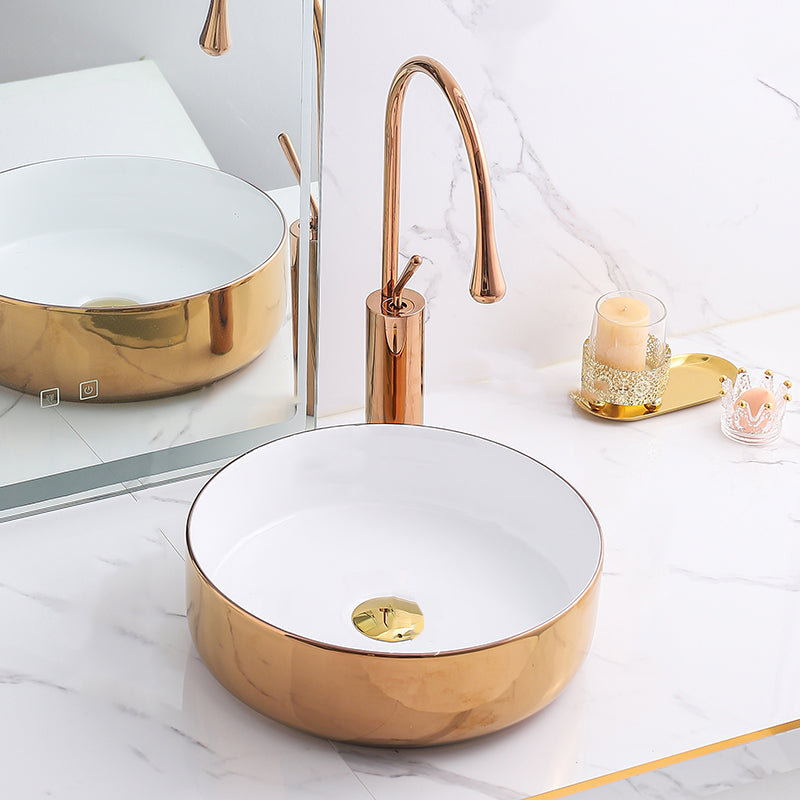 Gold Bathroom Sink Faucet Contemporary Vitreous China Vessel Sink with Pop-Up Drain