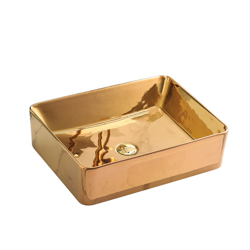 Gold Bathroom Sink Faucet Contemporary Vitreous China Vessel Sink with Pop-Up Drain