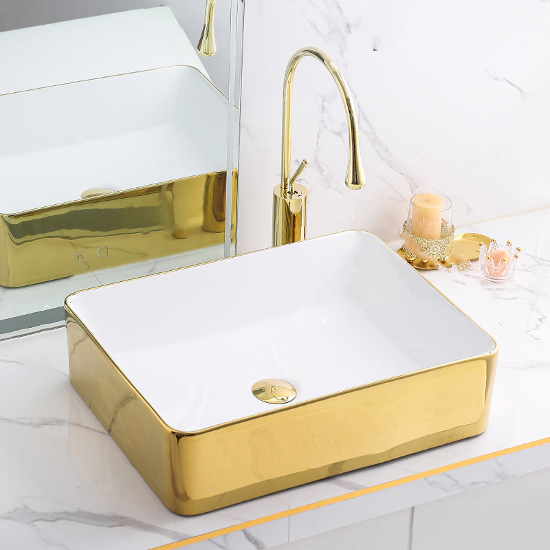 Gold Bathroom Sink Faucet Contemporary Vitreous China Vessel Sink with Pop-Up Drain