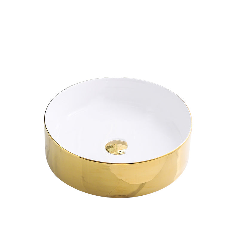 Gold Bathroom Sink Faucet Contemporary Vitreous China Vessel Sink with Pop-Up Drain