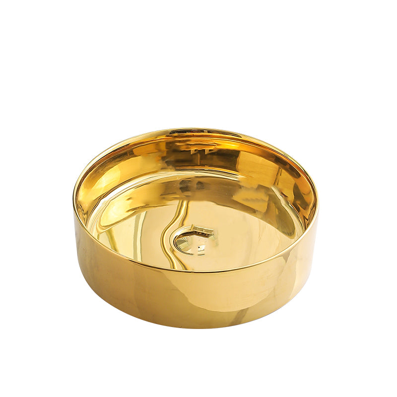 Gold Bathroom Sink Faucet Contemporary Vitreous China Vessel Sink with Pop-Up Drain