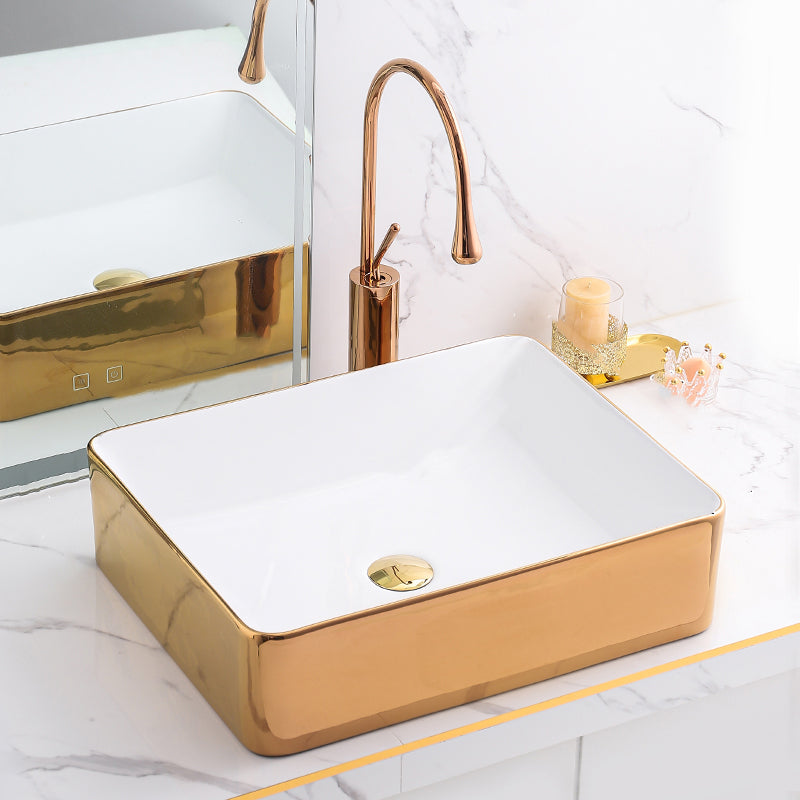 Gold Bathroom Sink Faucet Contemporary Vitreous China Vessel Sink with Pop-Up Drain