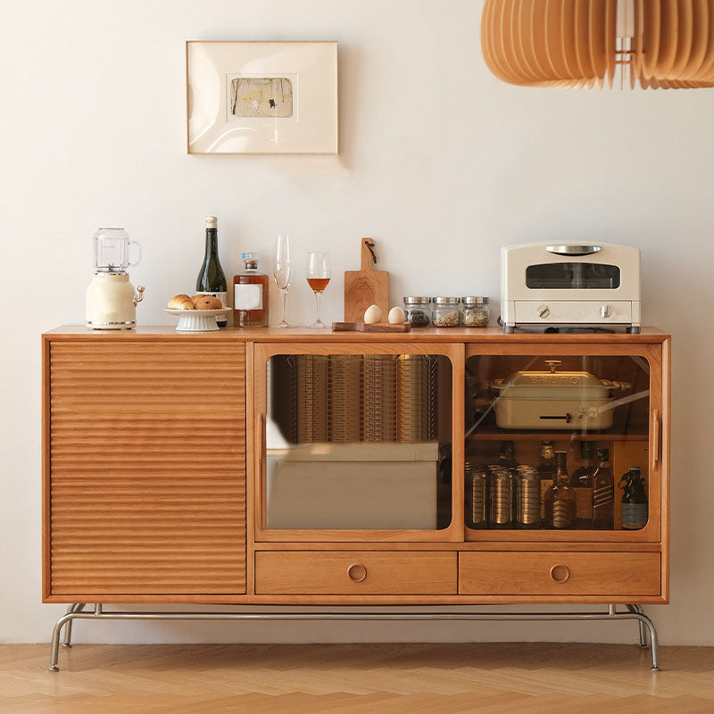 Contemporary Pine Display Stand Glass Doors Storage Cabinet with Doors