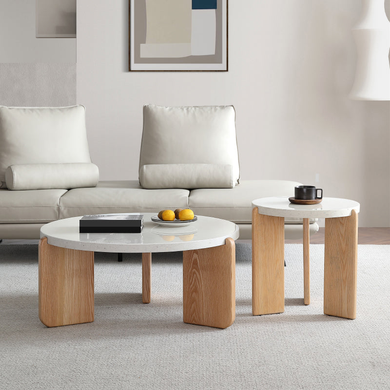 Round Terrazzo 1 Single Coffee Table Modern Style Wooden 3 Legs Cocktail Table