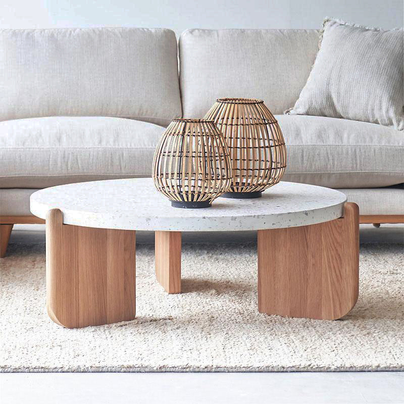 Round Terrazzo 1 Single Coffee Table Modern Style Wooden 3 Legs Cocktail Table