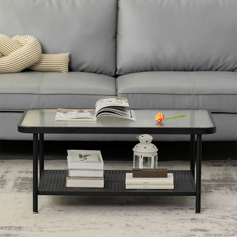 4 Legs Coffee Table Contemporary Glass Top Coffee Cocktail Table with Shelf