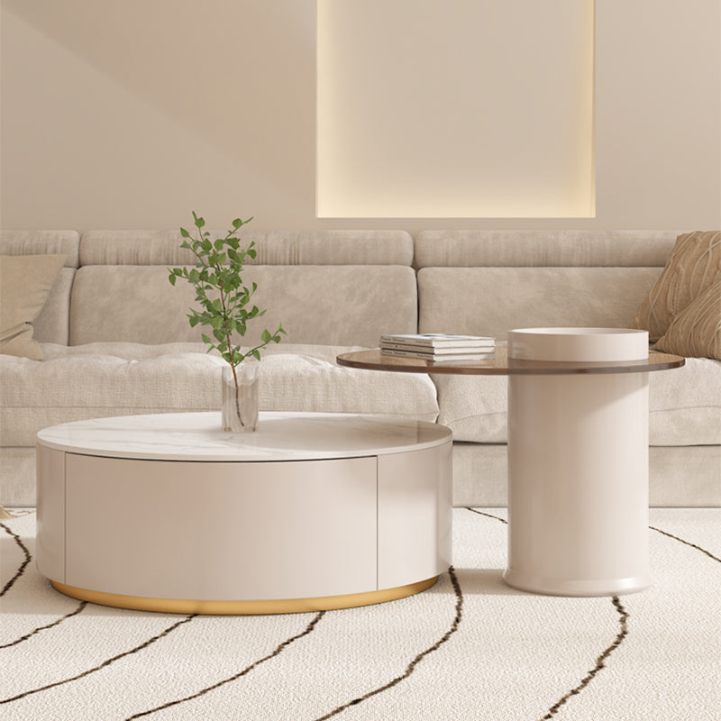 Drum Coffee Table Round Slate Top Cocktail Table with 2 Storage Drawers