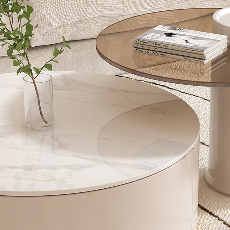 Drum Coffee Table Round Slate Top Cocktail Table with 2 Storage Drawers