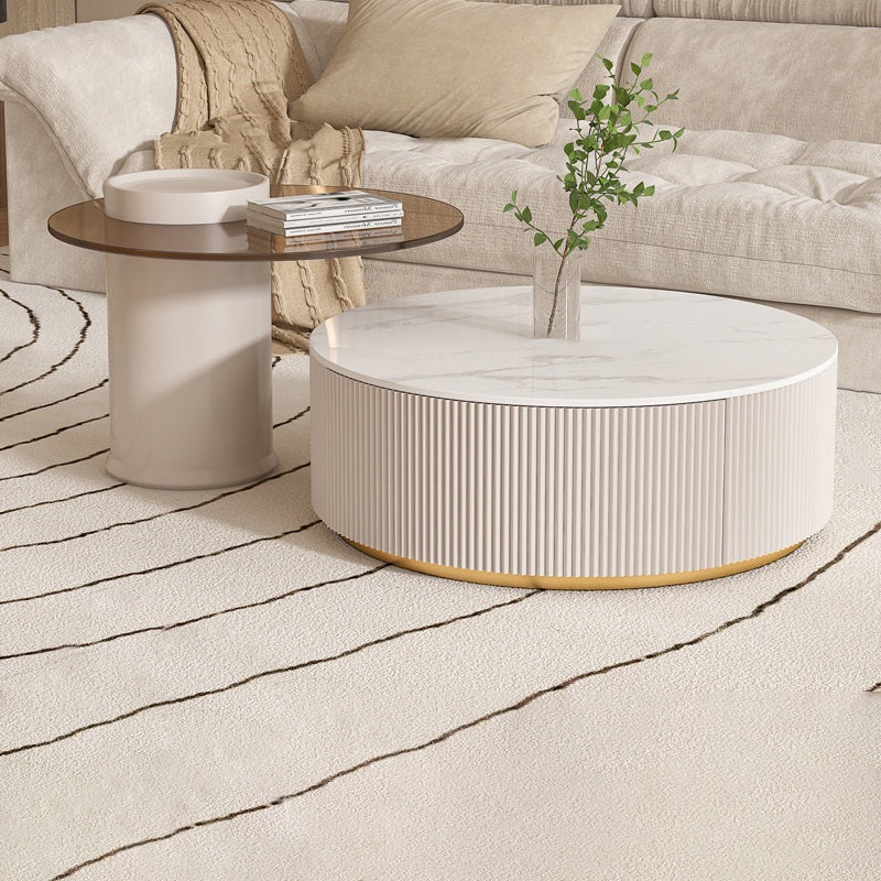 Drum Coffee Table Round Slate Top Cocktail Table with 2 Storage Drawers