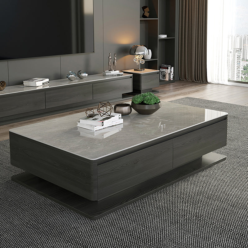 Contemporary Rectangular Stone Coffee Table 16.9" H Block Cocktail Table with 4 Drawers