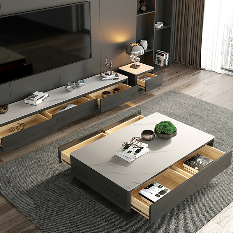 Contemporary Rectangular Stone Coffee Table 16.9" H Block Cocktail Table with 4 Drawers