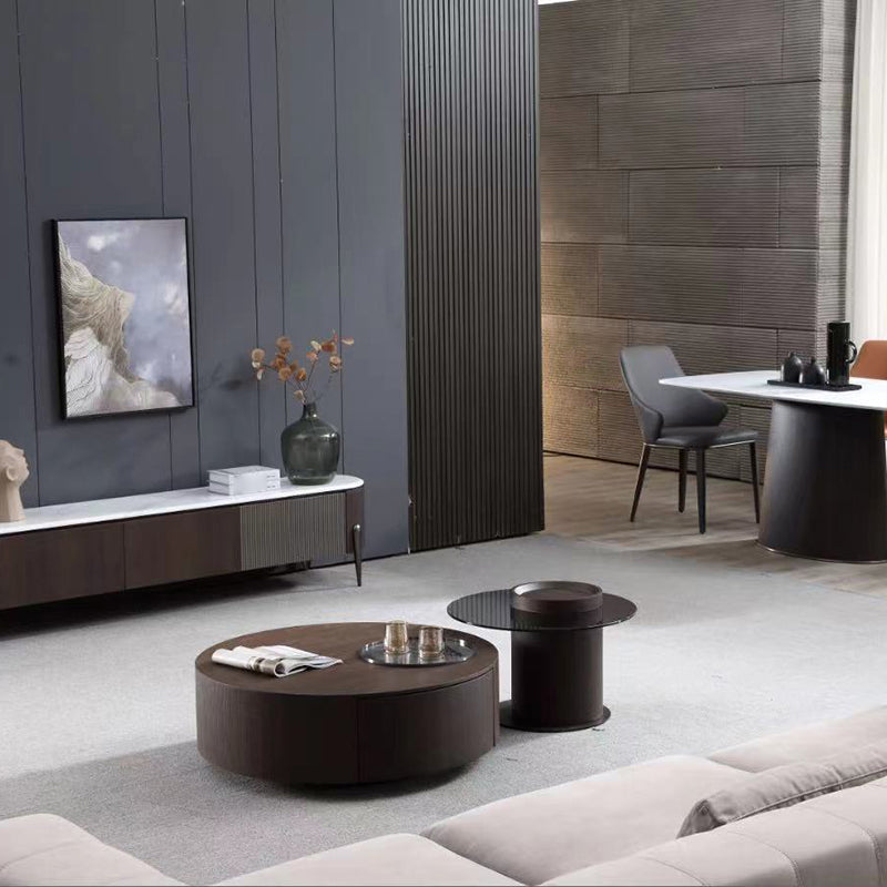 2-Drawer Drum 2 Bunching Coffee Tables Modern Round Wood Cocktail Table Set