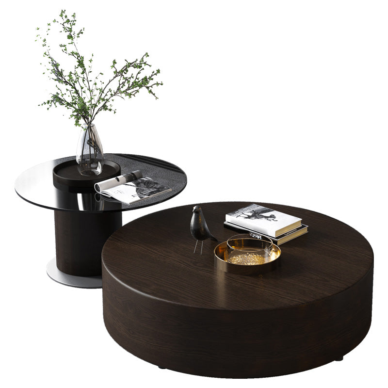 2-Drawer Drum 2 Bunching Coffee Tables Modern Round Wood Cocktail Table Set