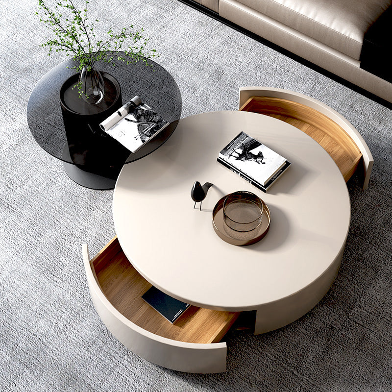 2-Drawer Drum 2 Bunching Coffee Tables Modern Round Wood Cocktail Table Set