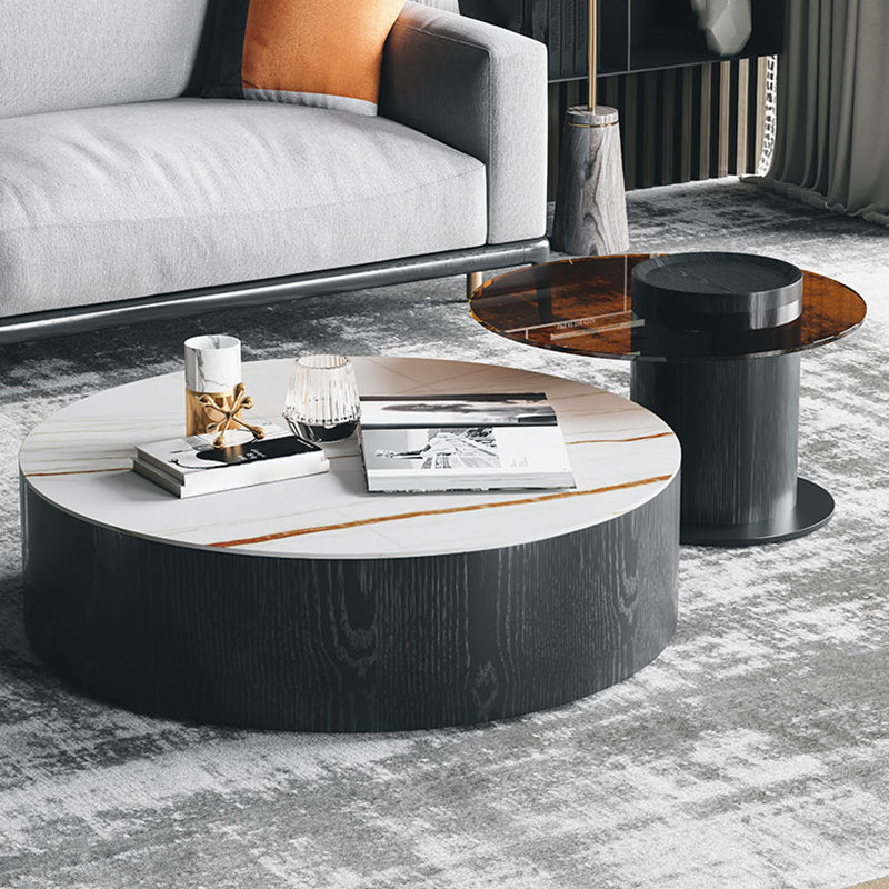 2-Drawer Drum 2 Bunching Coffee Tables Modern Round Wood Cocktail Table Set