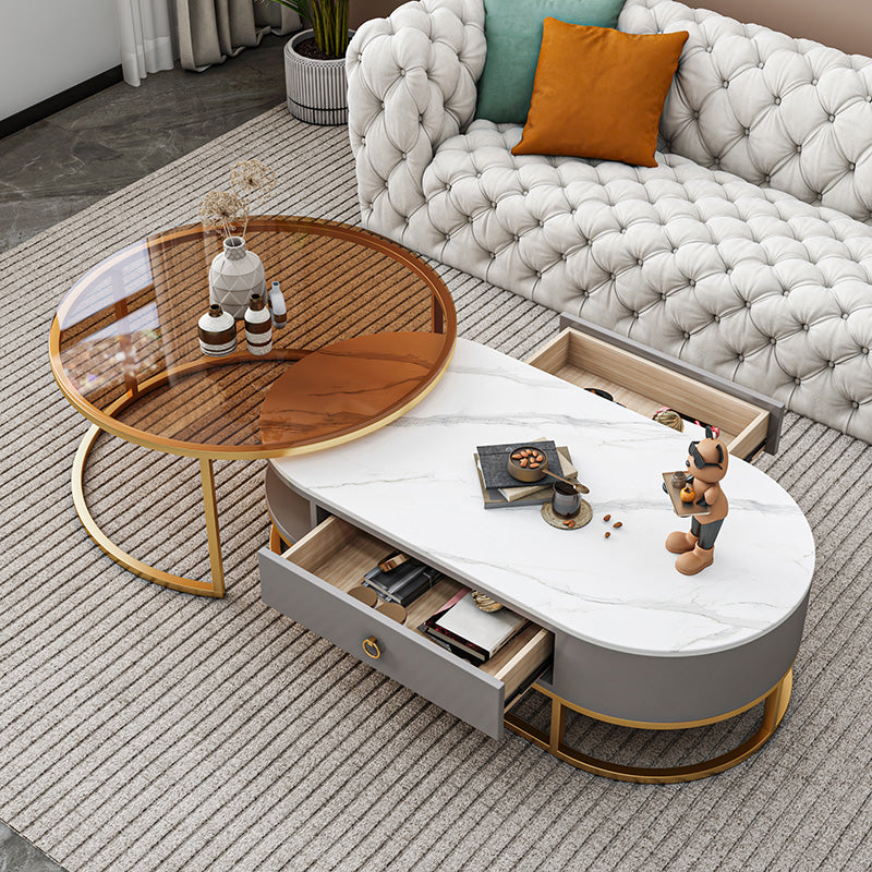 Oval Glass & Slate Coffee Table Set Frame Cocktail Table with Drawers