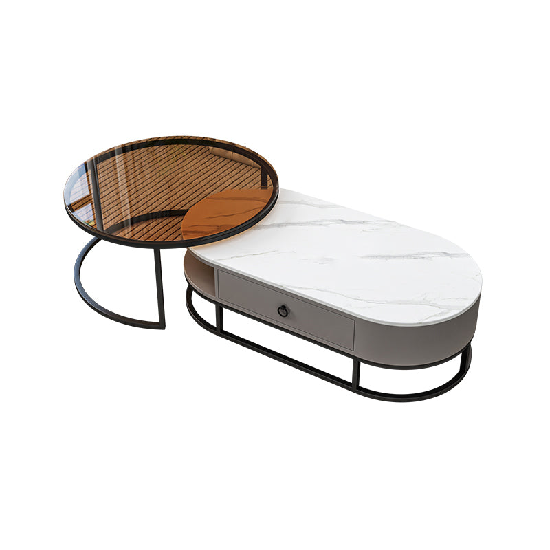 Oval Glass & Slate Coffee Table Set Frame Cocktail Table with Drawers