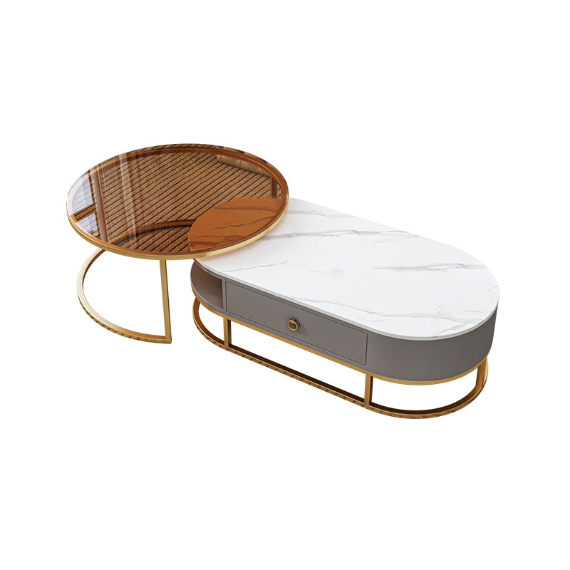 Oval Glass & Slate Coffee Table Set Frame Cocktail Table with Drawers
