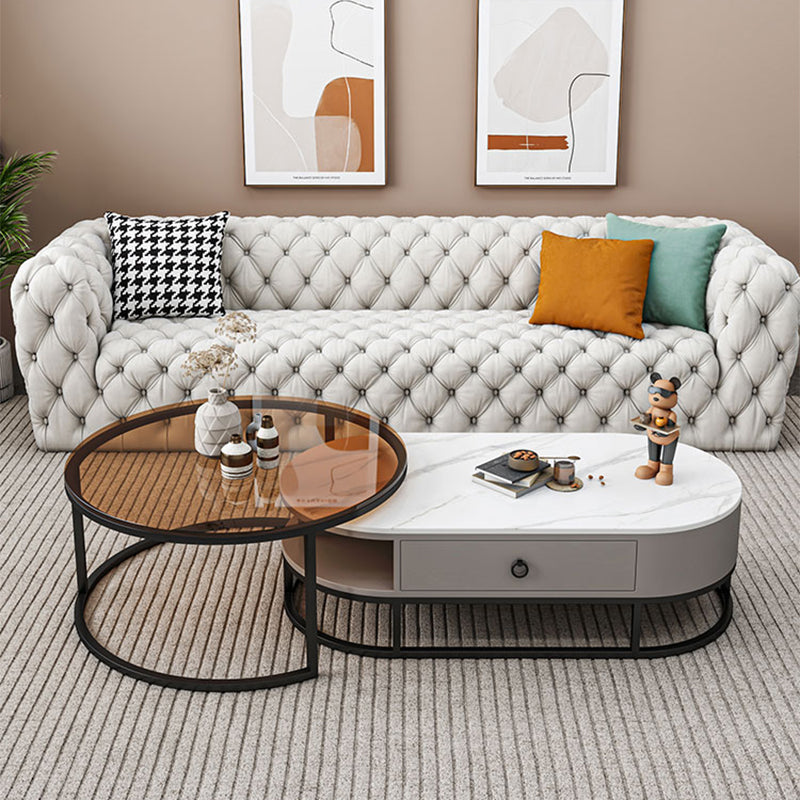 Oval Glass & Slate Coffee Table Set Frame Cocktail Table with Drawers