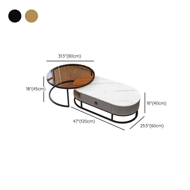 Oval Glass & Slate Coffee Table Set Frame Cocktail Table with Drawers