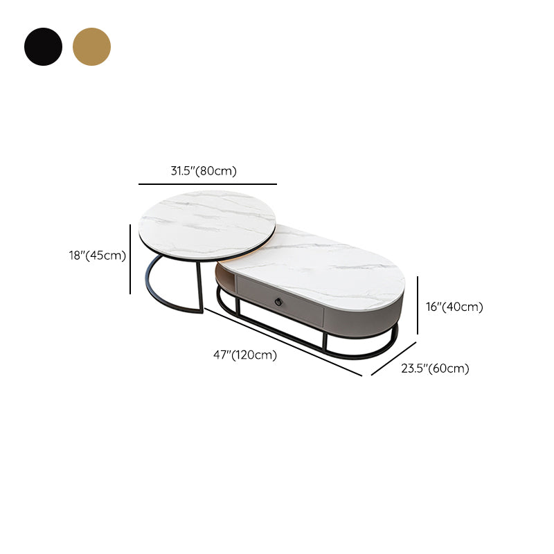 Oval Glass & Slate Coffee Table Set Frame Cocktail Table with Drawers