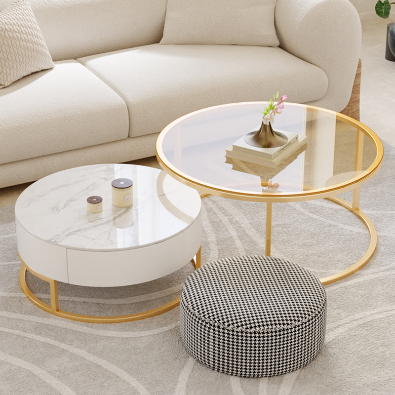 Glass Top Frame Coffee Table Round Nesting Coffee Table Set with Drawer