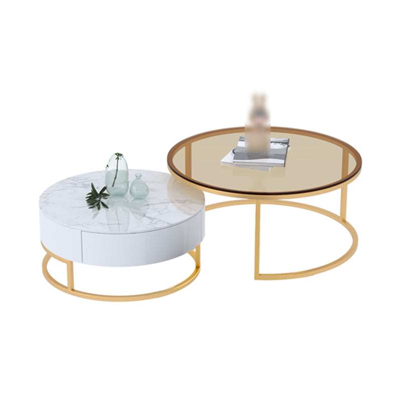 Glass Top Frame Coffee Table Round Nesting Coffee Table Set with Drawer