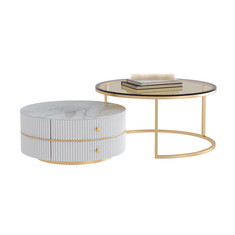 Glass Top Frame Coffee Table Round Nesting Coffee Table Set with Drawer