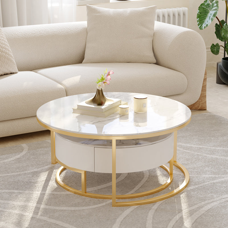Glass Top Frame Coffee Table Round Nesting Coffee Table Set with Drawer