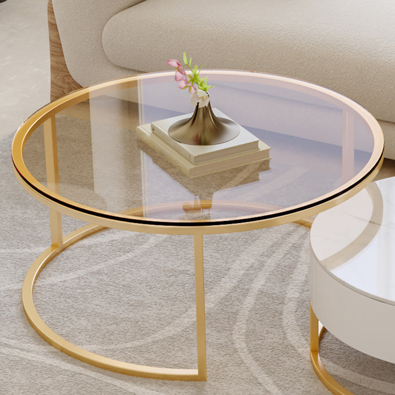 Glass Top Frame Coffee Table Round Nesting Coffee Table Set with Drawer