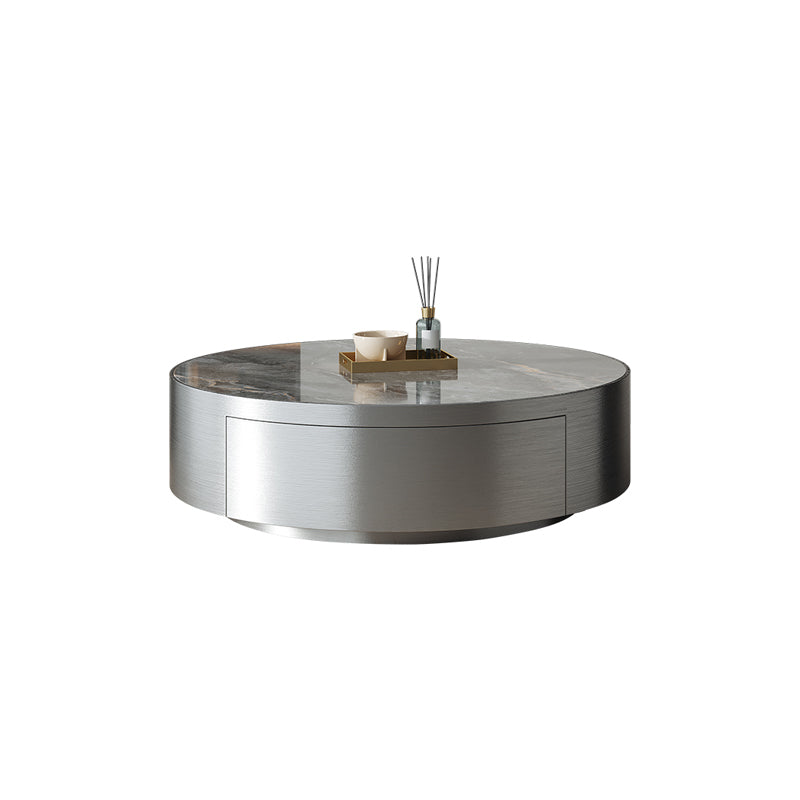 Modern Slate and Glass Top Coffee Table Set Round Drum Cocktail Table