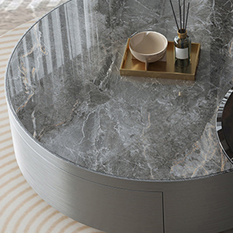 Modern Slate and Glass Top Coffee Table Set Round Drum Cocktail Table