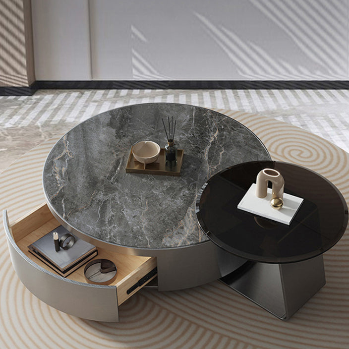 Modern Slate and Glass Top Coffee Table Set Round Drum Cocktail Table