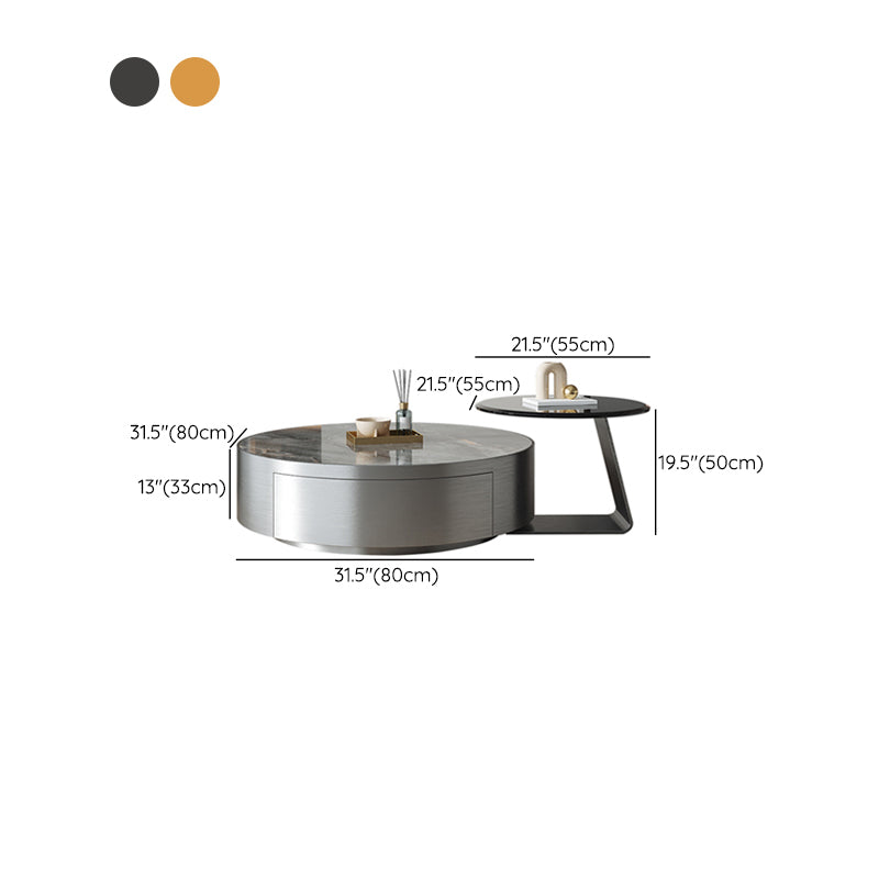 Modern Slate and Glass Top Coffee Table Set Round Drum Cocktail Table