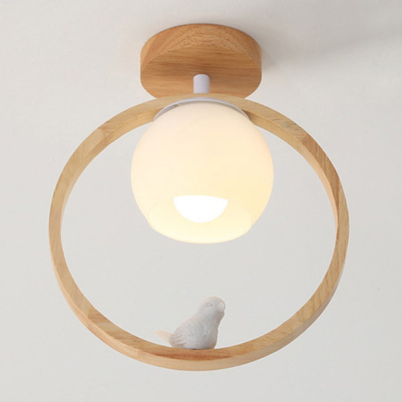White Shaded Ceiling Light Contemporary Flush Mount Lighting with Wood for Room