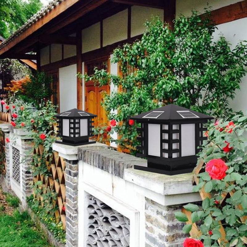 Metal Rectangle Solar Pillar Lamp Modern 1 Light Outdoor Waterproof Light in Black