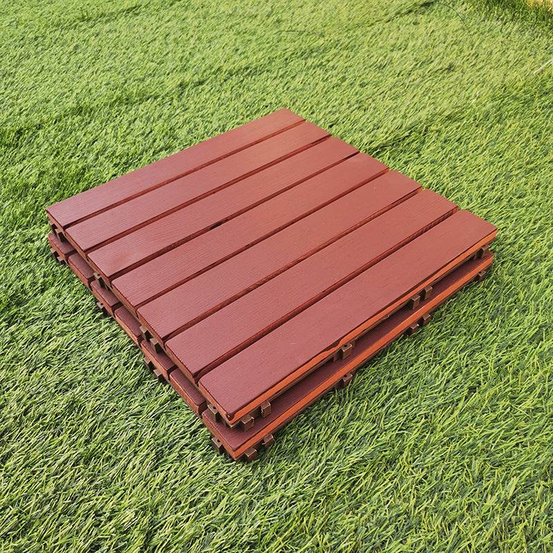 Red 6-Slat Square Wood Patio Tiles Snap Fit Installation Floor Board Tiles