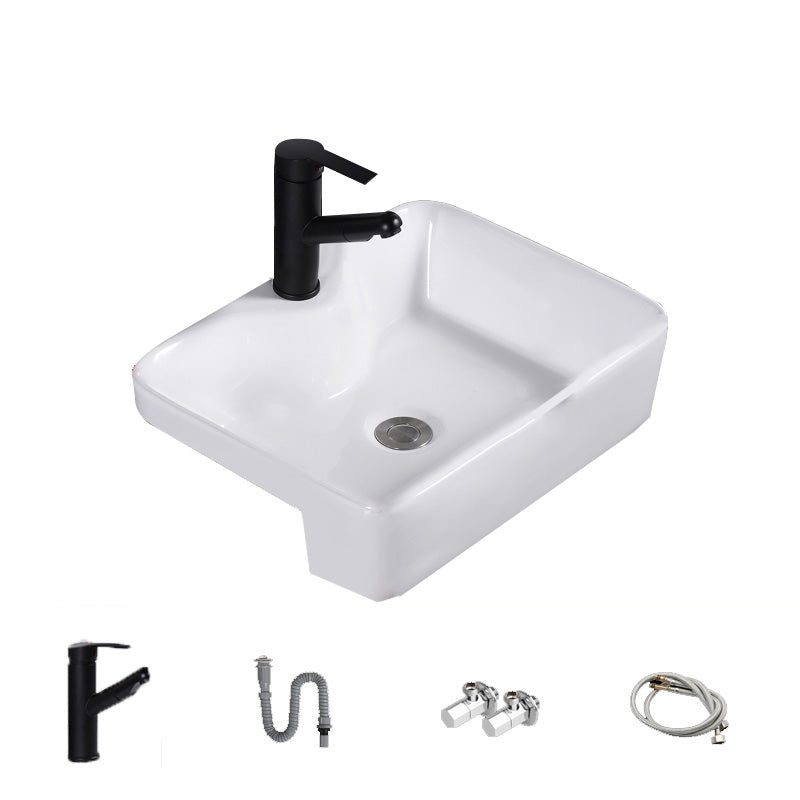 Modern Semi-Recessed Vessel Porcelain with Overflow And Drain Assembly Bathroom Sink