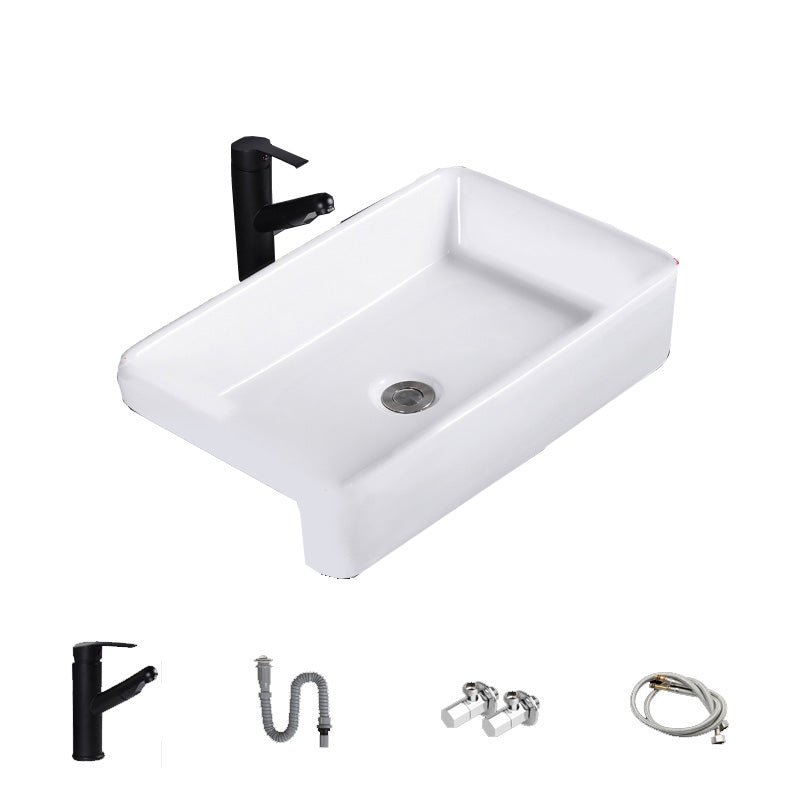 Modern Semi-Recessed Vessel Porcelain with Overflow And Drain Assembly Bathroom Sink