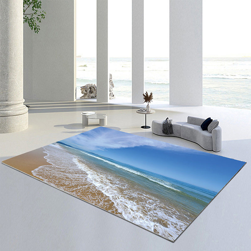 Blue Modern Rug Beach Pattern Polyester Rug Washable Rug for Living Room