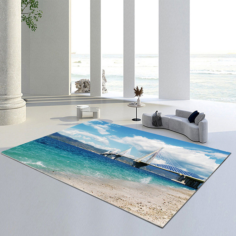 Blue Modern Rug Beach Pattern Polyester Rug Washable Rug for Living Room