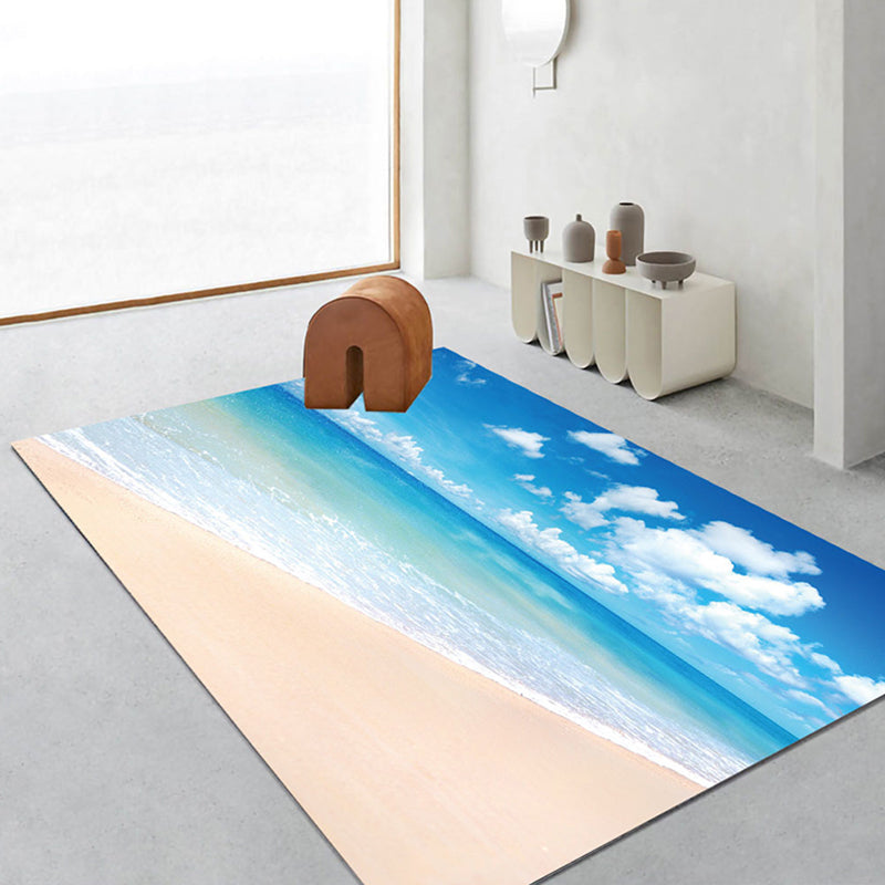 Blue Modern Rug Beach Pattern Polyester Rug Washable Rug for Living Room