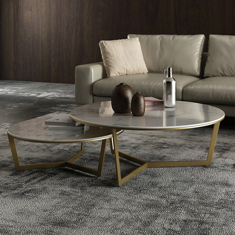 Glam White Frame Coffee Table Round Slate Top Cocktail Table
