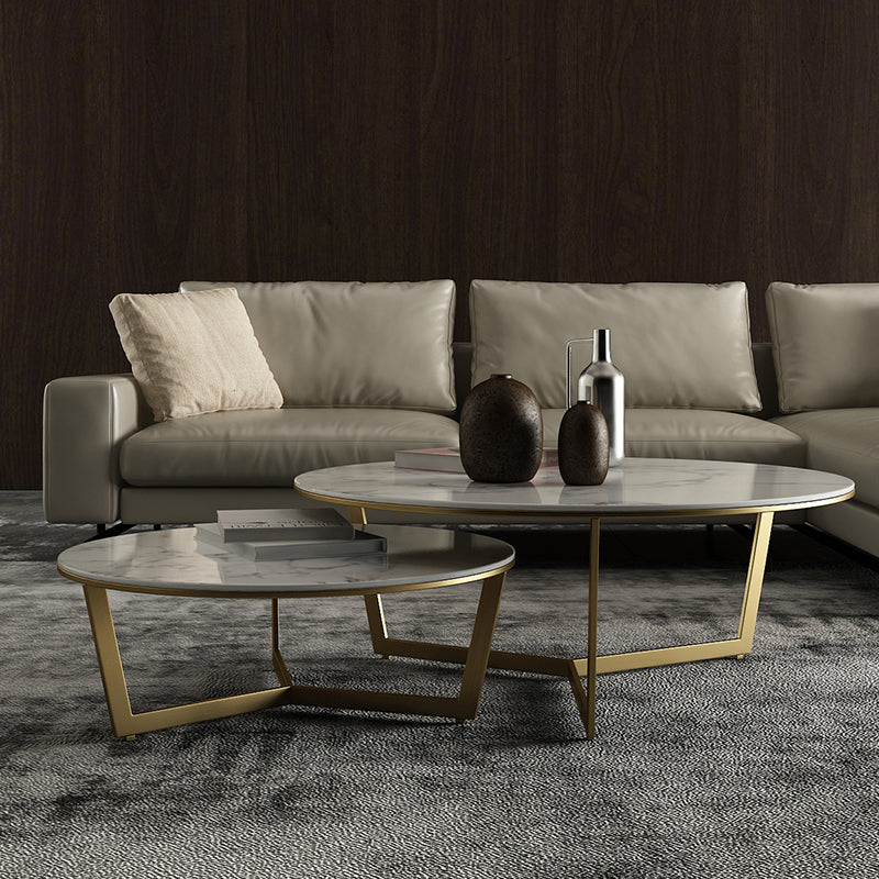 Glam White Frame Coffee Table Round Slate Top Cocktail Table
