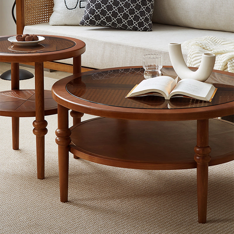 Modern Round Cocktail Table Glass Top Coffee Cocktail Table with Shelf