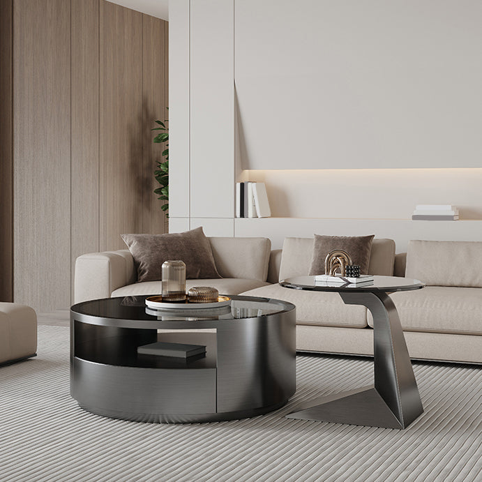 Contemporary Round Glass Coffee Table Set 1-Drawer 2 Piece Bunching Tables