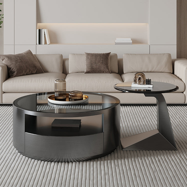 Contemporary Round Glass Coffee Table Set 1-Drawer 2 Piece Bunching Tables