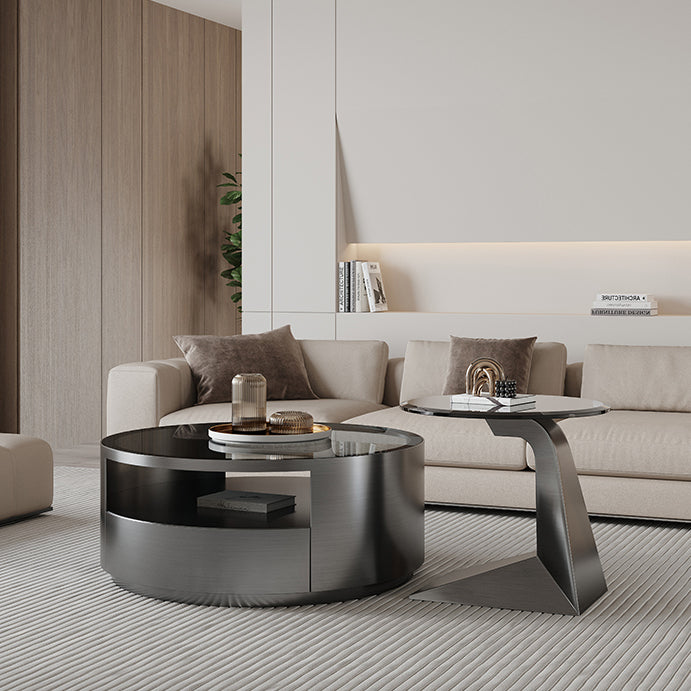 Contemporary Round Glass Coffee Table Set 1-Drawer 2 Piece Bunching Tables