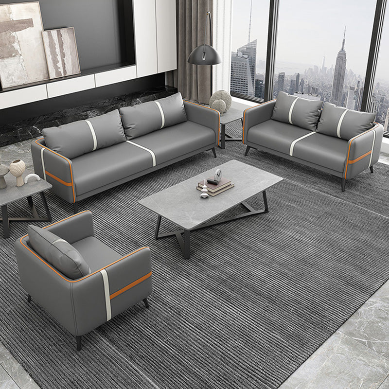 Contemporary Gray Sofa Faux Leather Square Arm Sofa with Pillows